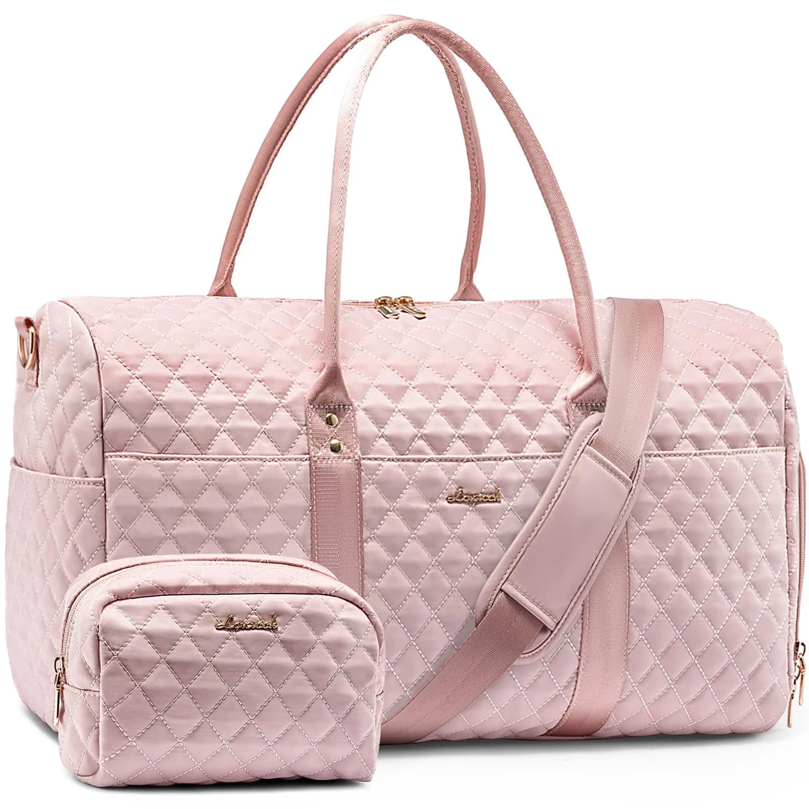 LOVEVOOK Quilted Travel Duffle Bag with Shoe Compartment & Toiletry Bag | Pink Nylon Weekender for Women, 54cm (21.5") — Pink