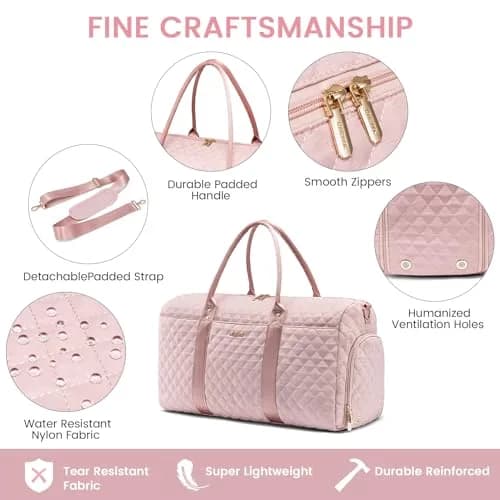 LOVEVOOK Quilted Travel Duffle Bag with Shoe Compartment & Toiletry Bag | Pink Nylon Weekender for Women, 54cm (21.5") thumbnail 5