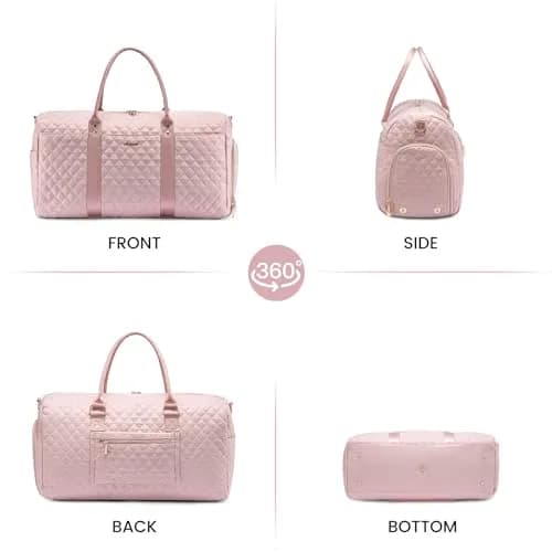 LOVEVOOK Quilted Travel Duffle Bag with Shoe Compartment & Toiletry Bag | Pink Nylon Weekender for Women, 54cm (21.5") thumbnail 7