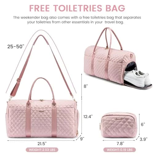 LOVEVOOK Quilted Travel Duffle Bag with Shoe Compartment & Toiletry Bag | Pink Nylon Weekender for Women, 54cm (21.5") thumbnail 2