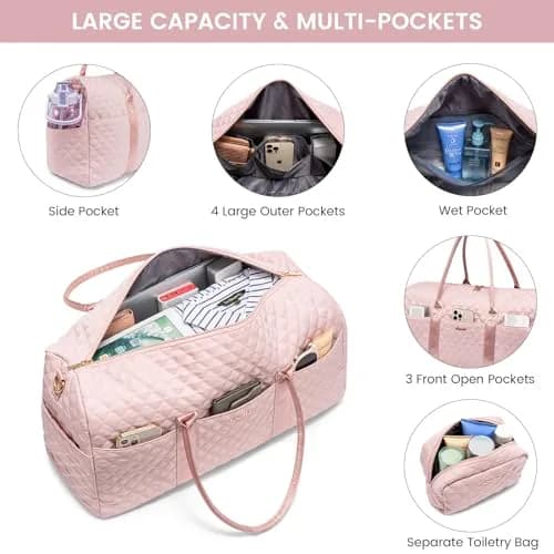 LOVEVOOK Quilted Travel Duffle Bag with Shoe Compartment & Toiletry Bag | Pink Nylon Weekender for Women, 54cm (21.5") thumbnail 3