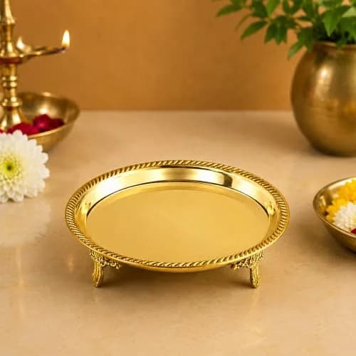 Putrika Traditional Brass Mukali Stool | Handmade Indian Pooja Stand (12.5cm x 3cm) | Heritage Brass Decor thumbnail 1