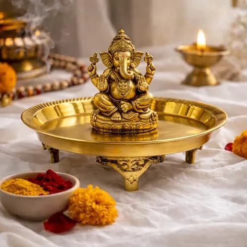 Putrika Traditional Brass Mukali Stool | Handmade Indian Pooja Stand (12.5cm x 3cm) | Heritage Brass Decor thumbnail 4