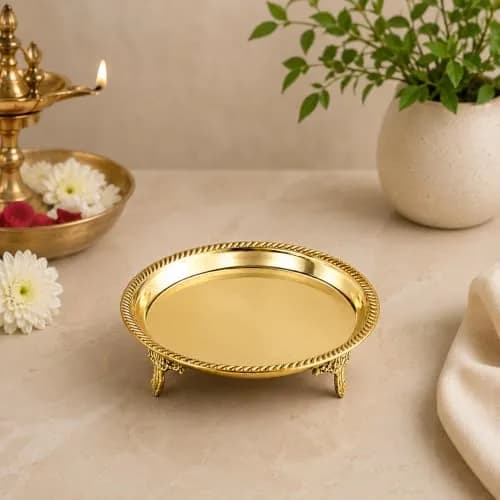 Putrika Traditional Brass Mukali Stool | Handmade Indian Pooja Stand (12.5cm x 3cm) | Heritage Brass Decor thumbnail 2