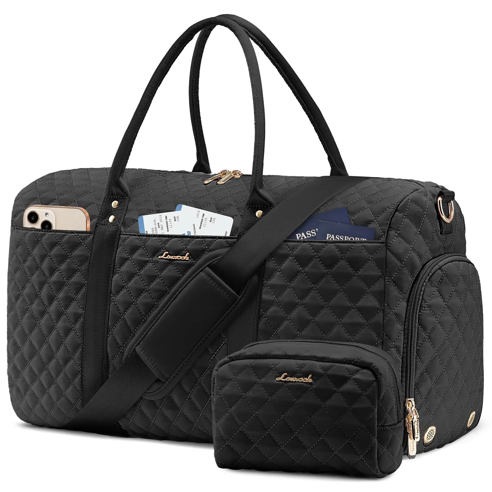 LOVEVOOK Quilted Travel Duffle Bag with Shoe Compartment & Toiletry Bag | Carry-On Weekender for Women — Black