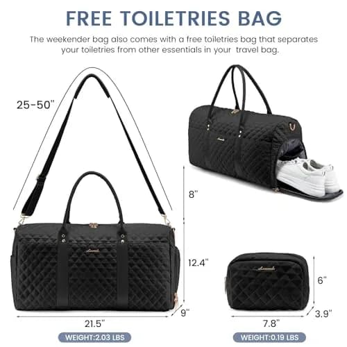 LOVEVOOK Quilted Travel Duffle Bag with Shoe Compartment & Toiletry Bag | Carry-On Weekender for Women thumbnail 2