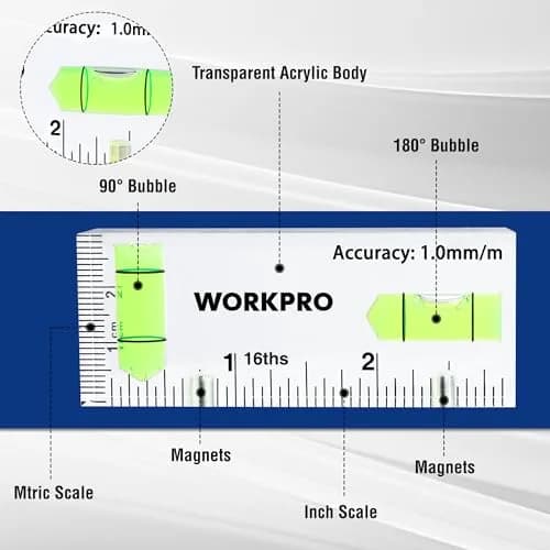 WORKPRO 3 Inch Magnetic Pocket Level with 90°/180° Bubbles | Accurate Level Tool for DIY & Professionals thumbnail 3