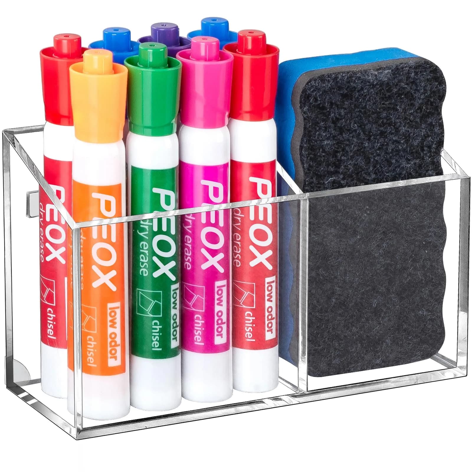 BEYGORM Magnetic Dry Erase Marker Holder with Anti-Slip Pad | 2 Compartments, Clear Acrylic (15.9cm x 9cm x 5.1cm) - main product image
