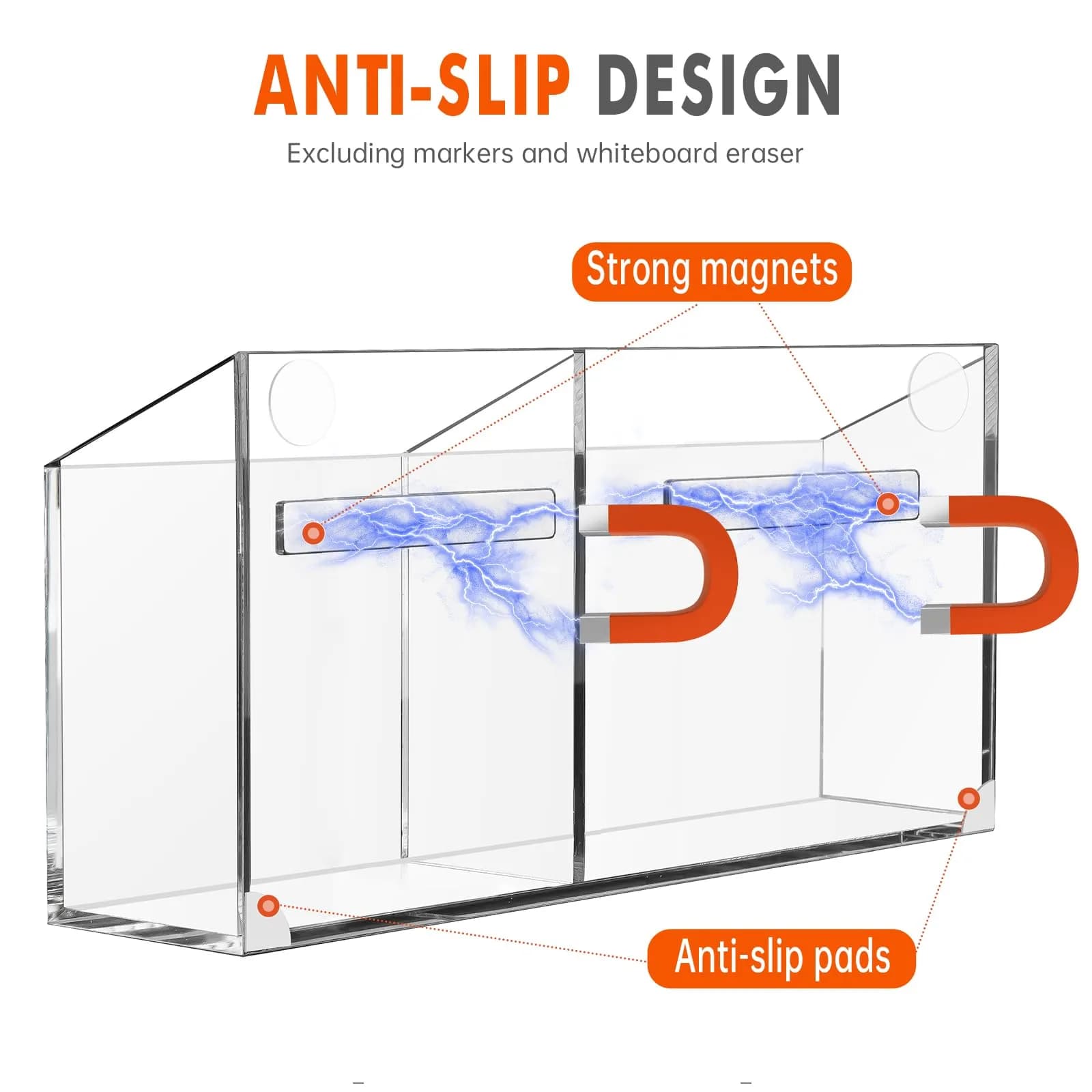BEYGORM Magnetic Dry Erase Marker Holder with Anti-Slip Pad | 2 Compartments, Clear Acrylic (15.9cm x 9cm x 5.1cm) - view 2