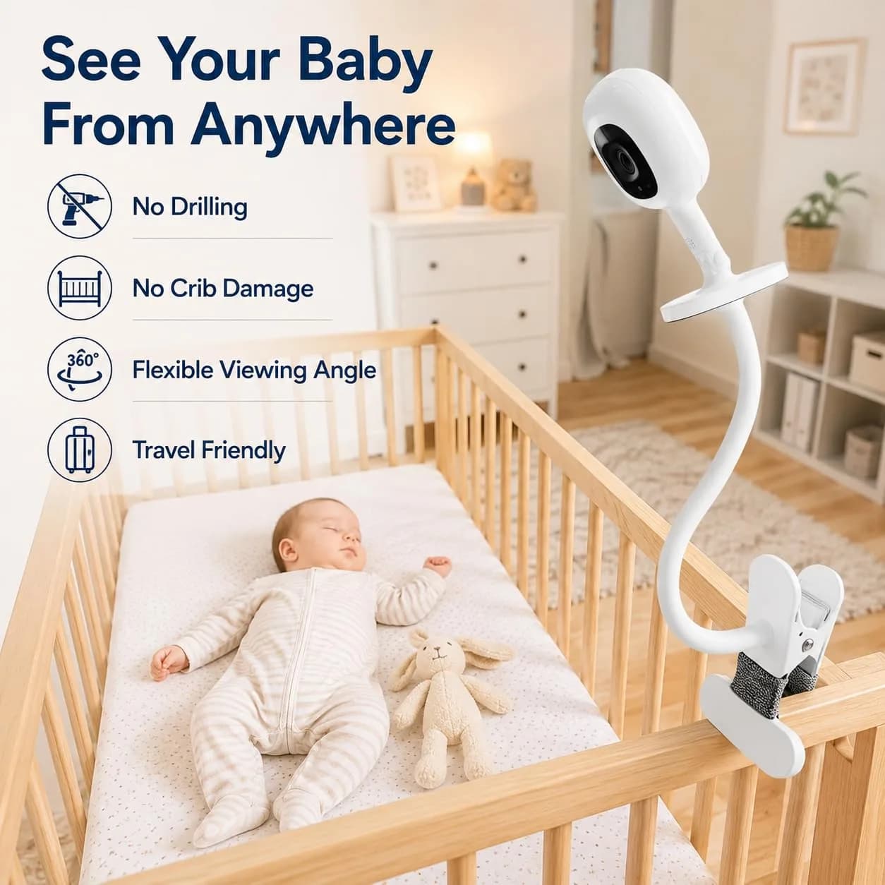 AISVAN 15.7" Baby Monitor Mount for Nanit Pro & Flex Stand, Flexible Gooseneck Clamp | Tool-Free Crib & Furniture Mount - view 3