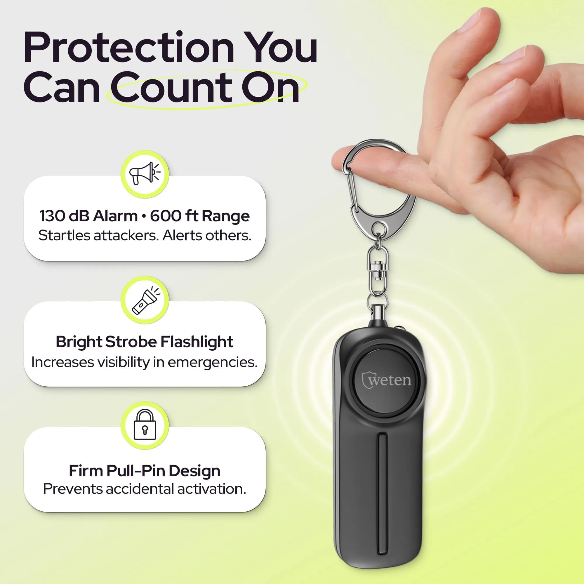 WETEN Personal Safety Alarm Keychain for Women - 130dB Siren, LED Light, 3 Pack (Black, Pink, Blue) - view 2