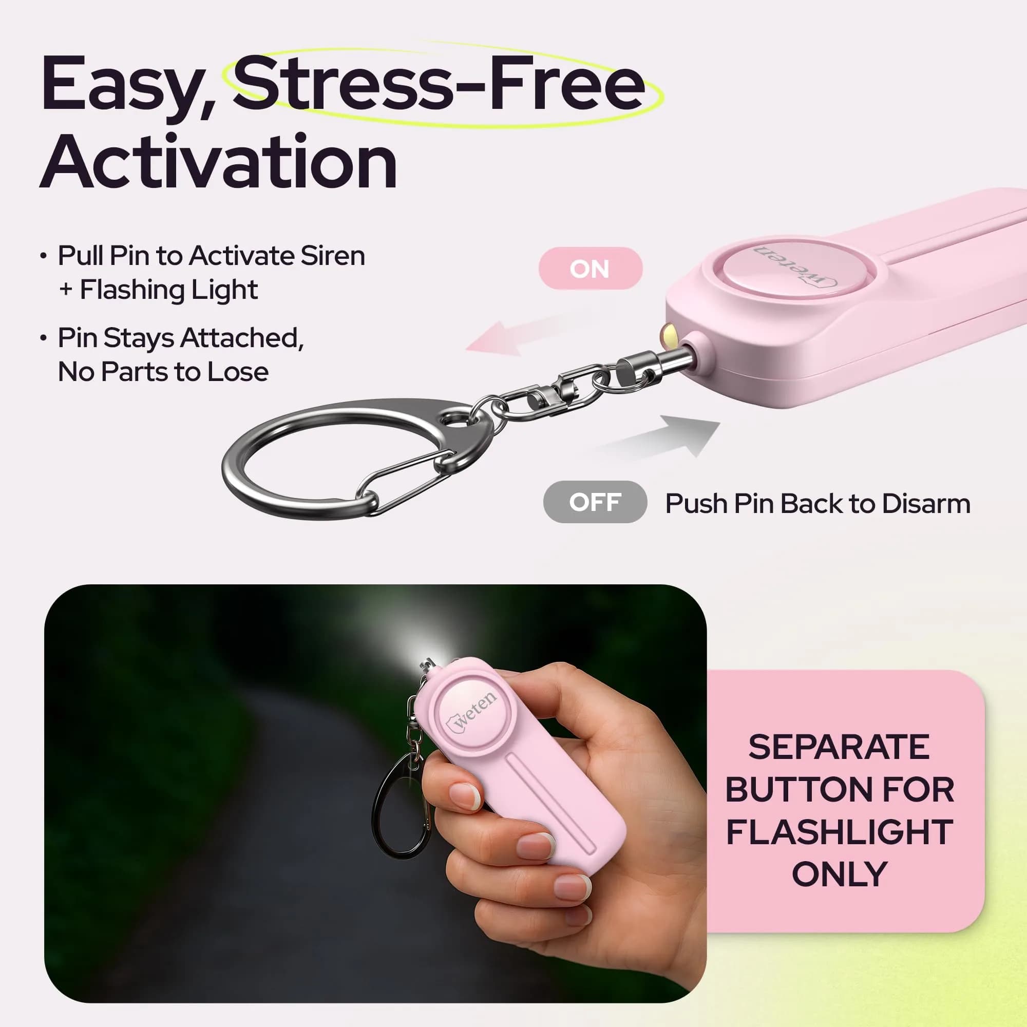 WETEN Personal Safety Alarm Keychain for Women - 130dB Siren, LED Light, 3 Pack (Black, Pink, Blue) - view 3