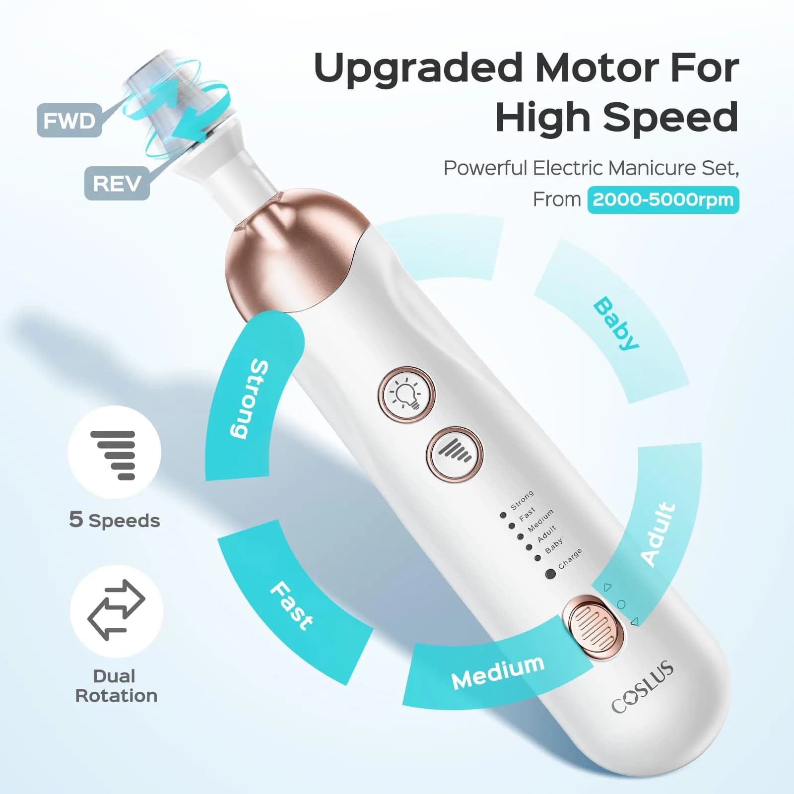 COSLUS C43 Professional Manicure Pedicure Kit with Upgrade Standard Grinder | 5 Speeds, 5000 RPM, Cordless - view 3