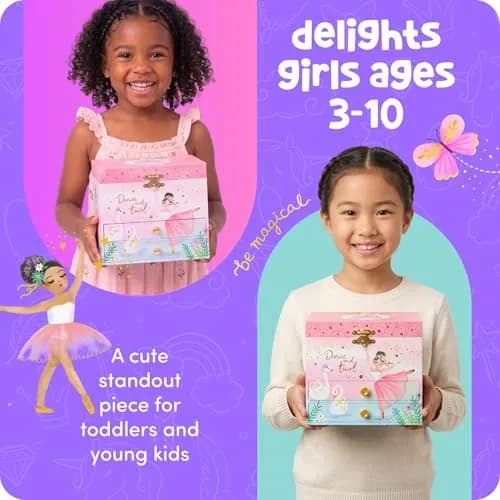 Giggle & Honey Musical Ballerina Jewelry Box for Girls, 16.9cm x 13.5cm x 15.2cm (6.75 x 5.25 x 6 in) | Twirling Ballerina Music Box for Kids Ages 3-10 thumbnail 6