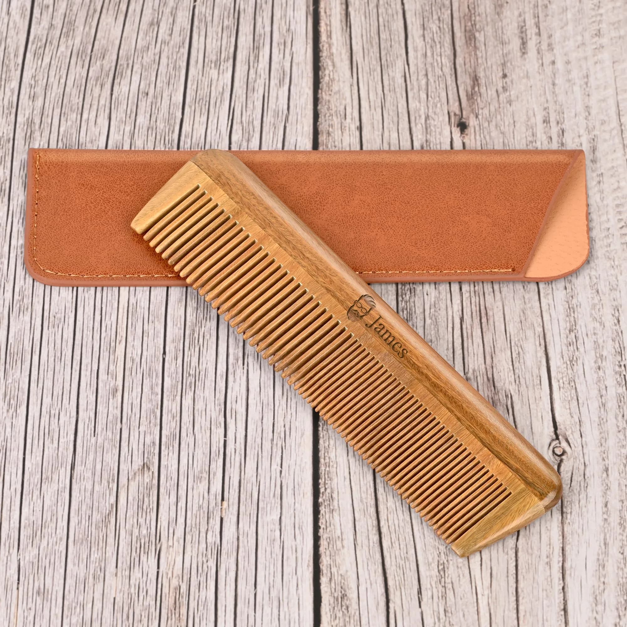 Onedor Wooden Comb Personalized Sandalwood Comb for Men | Anti-Static, Handcrafted, Compact with Leather Case — Long(Personalized)