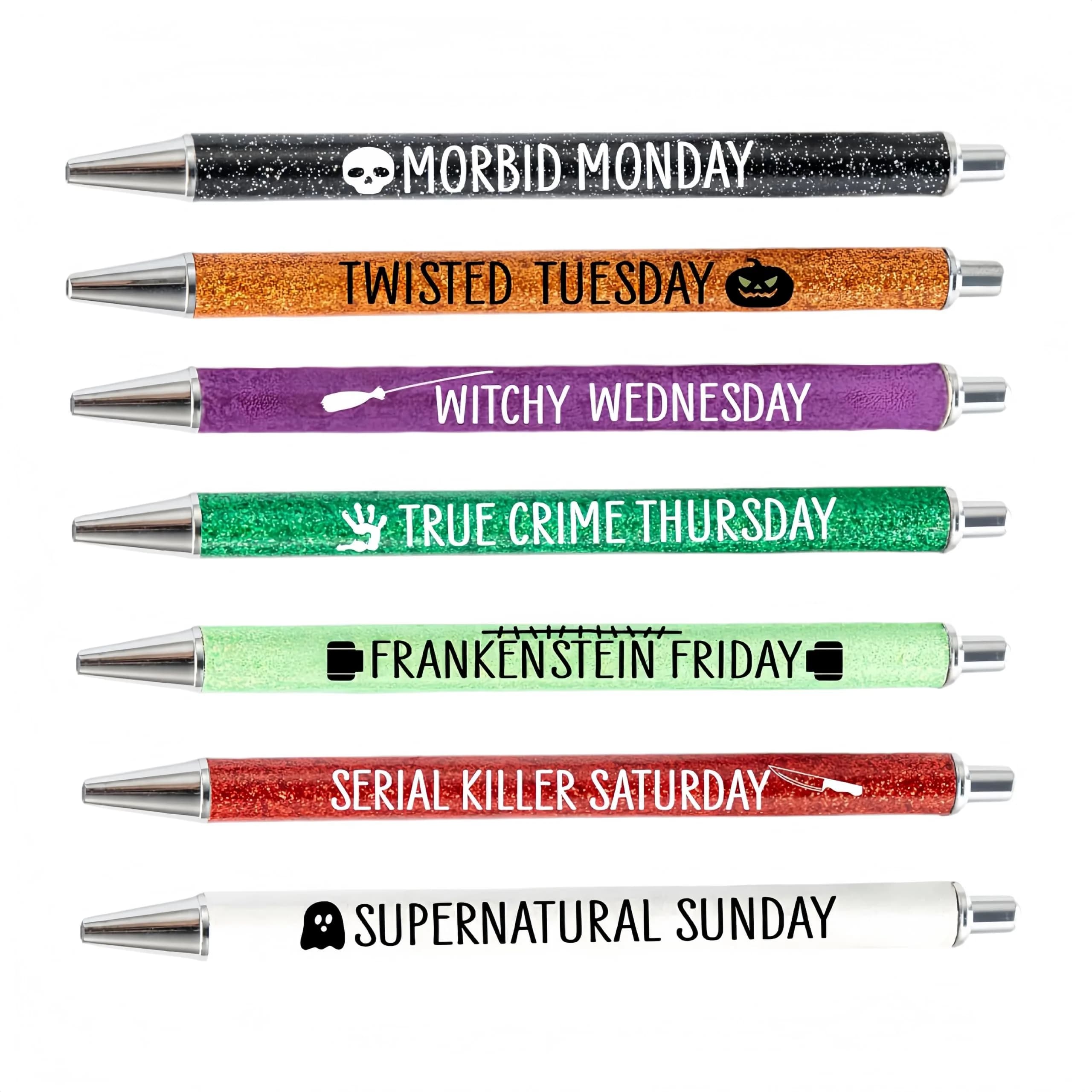 Jxueych Halloween Weekday Glitter Metal Pens 7 Pack | Gothic & True Crime Themed Writing Instruments