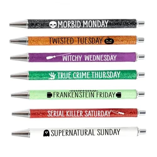 Jxueych Halloween Weekday Glitter Metal Pens 7 Pack | Gothic & True Crime Themed Writing Instruments thumbnail 1