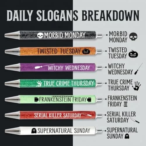 Jxueych Halloween Weekday Glitter Metal Pens 7 Pack | Gothic & True Crime Themed Writing Instruments thumbnail 7