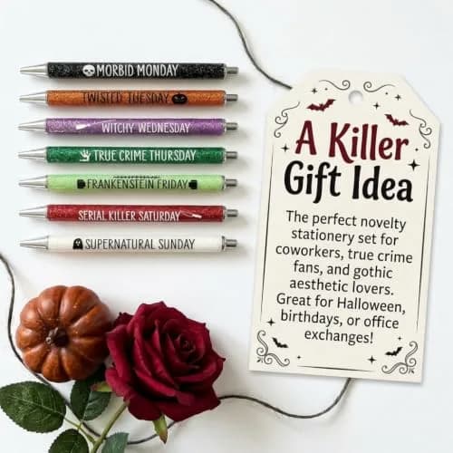 Jxueych Halloween Weekday Glitter Metal Pens 7 Pack | Gothic & True Crime Themed Writing Instruments thumbnail 8