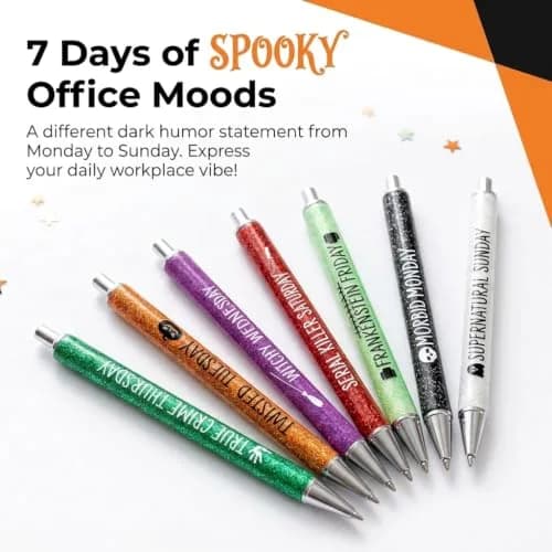 Jxueych Halloween Weekday Glitter Metal Pens 7 Pack | Gothic & True Crime Themed Writing Instruments thumbnail 2