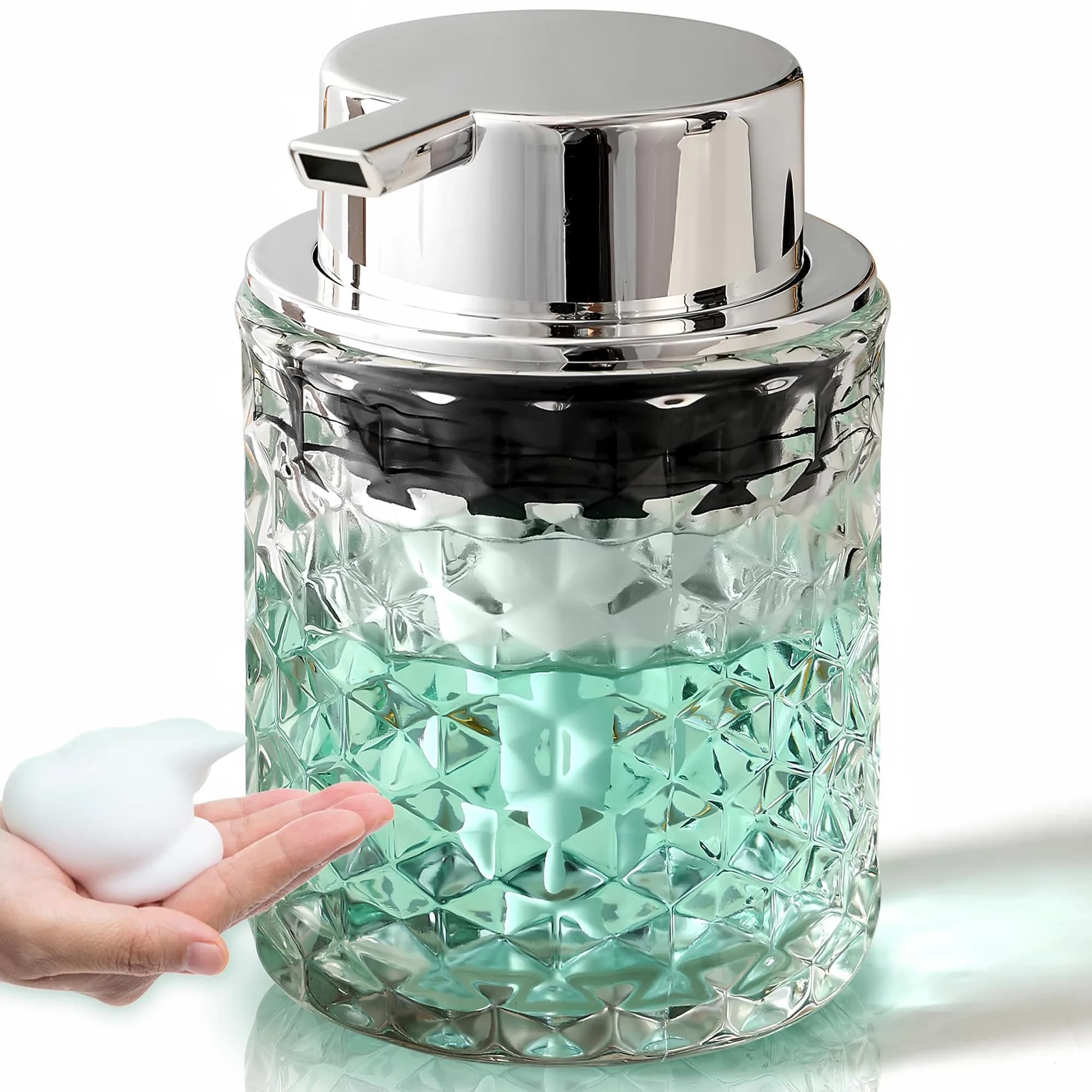 MALACHI Foaming Hand Soap Dispenser 300ml (10 oz) | Elegant Diamond Pattern Glass Bottle for Bathroom & Kitchen - main product image