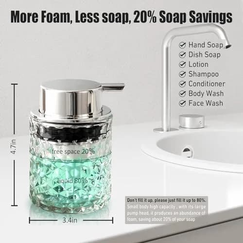 MALACHI Foaming Hand Soap Dispenser 300ml (10 oz) | Elegant Diamond Pattern Glass Bottle for Bathroom & Kitchen thumbnail 2