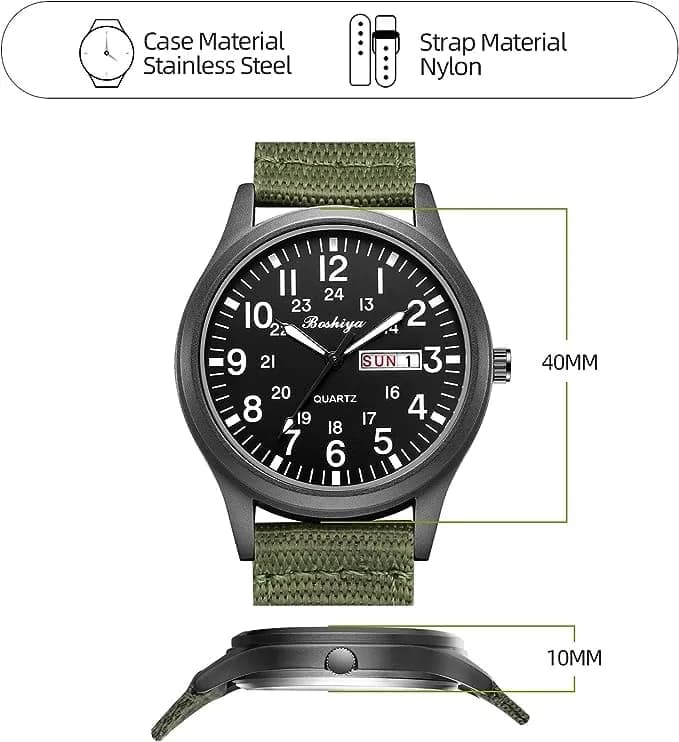 BOSHIYA Men's Military Tactical Field Watch 40mm (1.57 Inch) | Japanese Quartz Movement, Water Resistant 30M, Date Display thumbnail 3