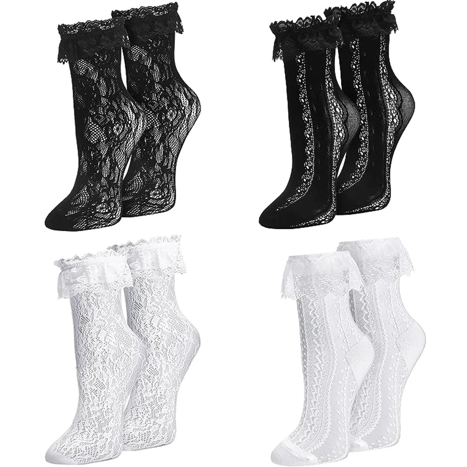 MKYSZLT Womens White Lace Socks Black Ruffled Frilly Dress Socks 5.5 oz | Cute Mesh Lace Trim Ankle High