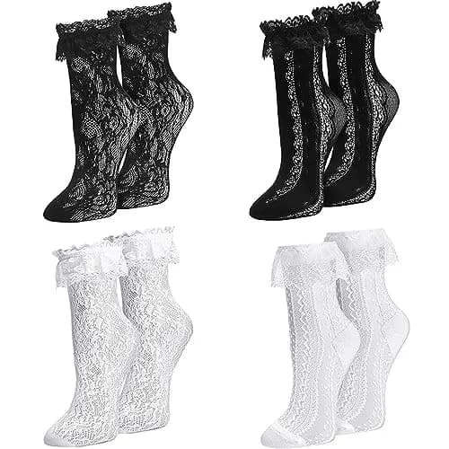 MKYSZLT Womens White Lace Socks Black Ruffled Frilly Dress Socks 5.5 oz | Cute Mesh Lace Trim Ankle High thumbnail 1