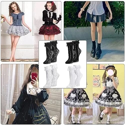 MKYSZLT Womens White Lace Socks Black Ruffled Frilly Dress Socks 5.5 oz | Cute Mesh Lace Trim Ankle High thumbnail 5