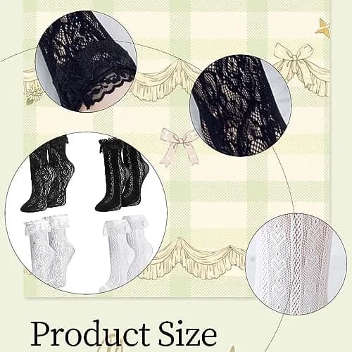 MKYSZLT Womens White Lace Socks Black Ruffled Frilly Dress Socks 5.5 oz | Cute Mesh Lace Trim Ankle High thumbnail 6