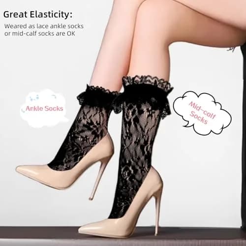MKYSZLT Womens White Lace Socks Black Ruffled Frilly Dress Socks 5.5 oz | Cute Mesh Lace Trim Ankle High thumbnail 8