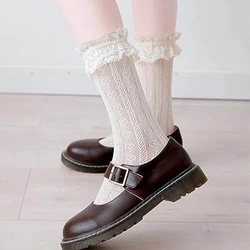 MKYSZLT Womens White Lace Socks Black Ruffled Frilly Dress Socks 5.5 oz | Cute Mesh Lace Trim Ankle High thumbnail 3