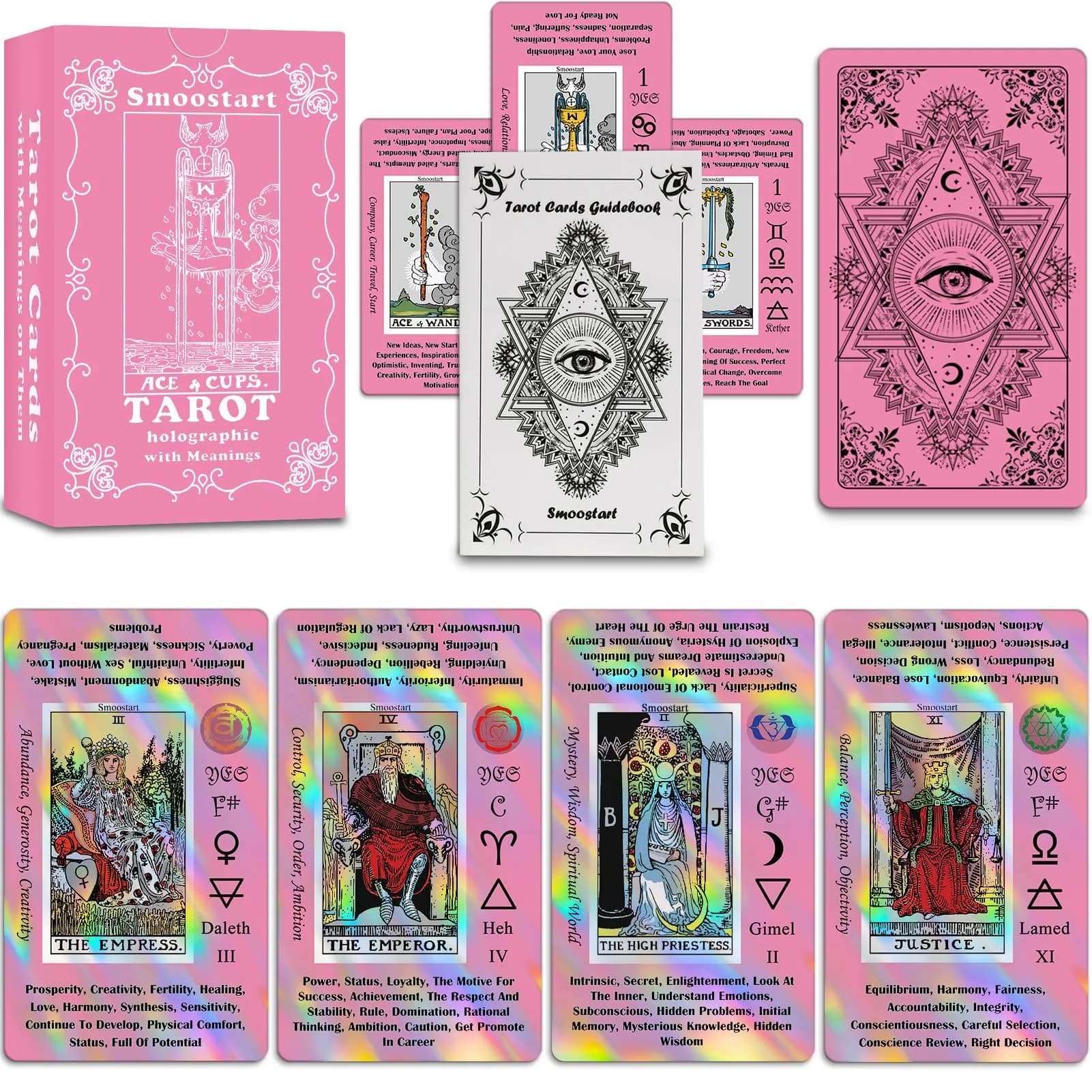 Smoostart Holographic Pink Tarot Cards for Beginners with Meanings on Them | Detailed Guide & Elegant Design