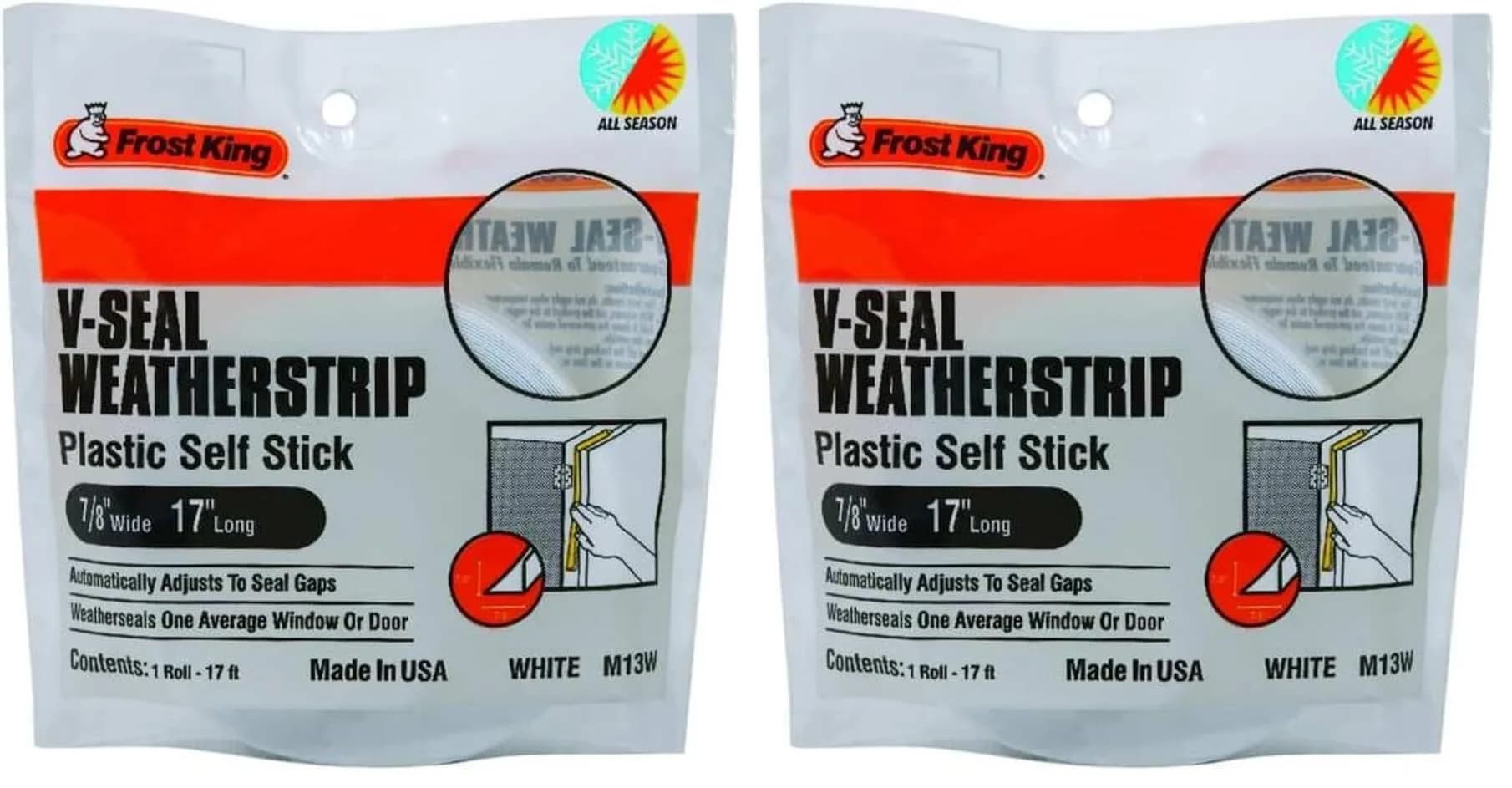 Frost King M13WH V-Seal Weather-Strip 2 x 17 ft (10.36 m) White | Seals Gaps Against Drafts, Dust, and Water — White
