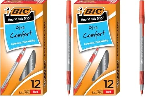 BIC Round Stic Grip Xtra Comfort Red Ballpoint Pens, 1.2mm Medium Point, 24 Pens Total (2 x 12-Count Packs) - main product image
