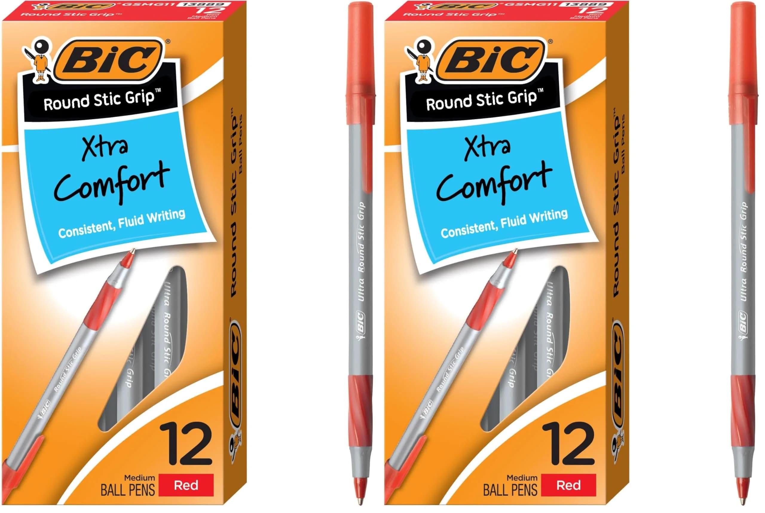 BIC Round Stic Grip Xtra Comfort Red Ballpoint Pens, Medium Point (1.2mm), 12-Count Pack | Smooth Ink Flow — Red
