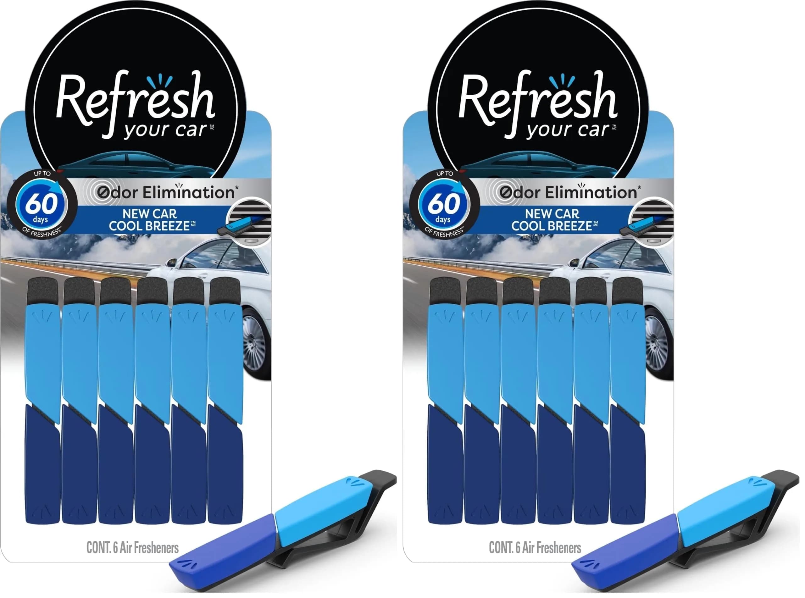 Refresh Your Car Odor Elimination Vent Stick 6 Pack | Cool Breeze & New Car Scent, Lasts 60 Days