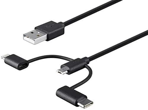 Monoprice 118789 Apple MFi Certified USB to Micro USB + USB Type-C + Lightning Cable 3ft Black | 3-in-1 Charge & Sync thumbnail 2
