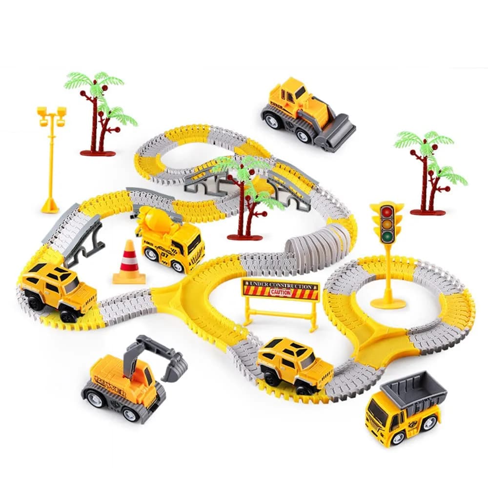 KEXBOVT 305PCS Construction Race Tracks for Kids, 2 Electric Toy Cars, 4 Construction Cars | DIY Flexible Track Set — 305PCS