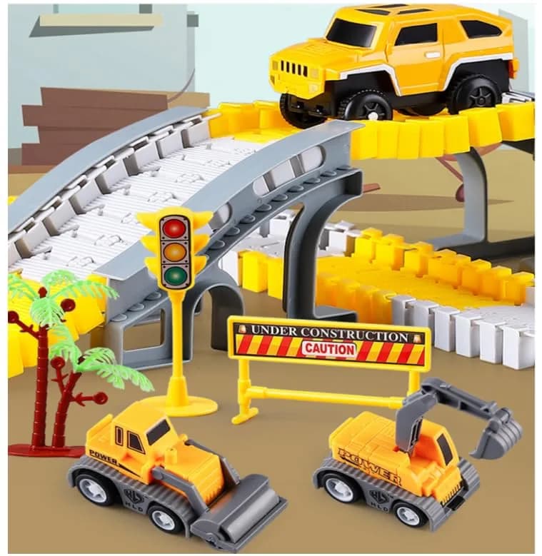 KEXBOVT 305PCS Construction Race Tracks for Kids, 2 Electric Toy Cars, 4 Construction Cars | DIY Flexible Track Set thumbnail 2