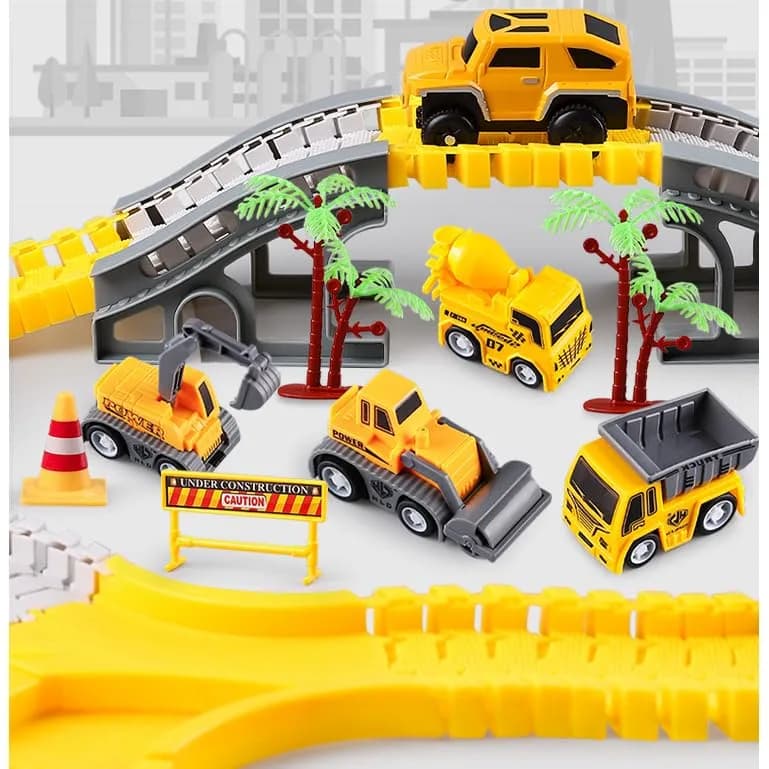 KEXBOVT 305PCS Construction Race Tracks for Kids, 2 Electric Toy Cars, 4 Construction Cars | DIY Flexible Track Set thumbnail 5