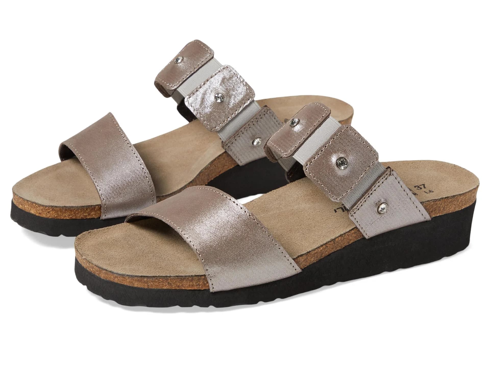 NAOT Ashley Wedge Sandal, White Leather, 40 EU/8.5-9 M US | Feminine slip-on with rhinestone accents — Silver Lthrs / 8-8.5