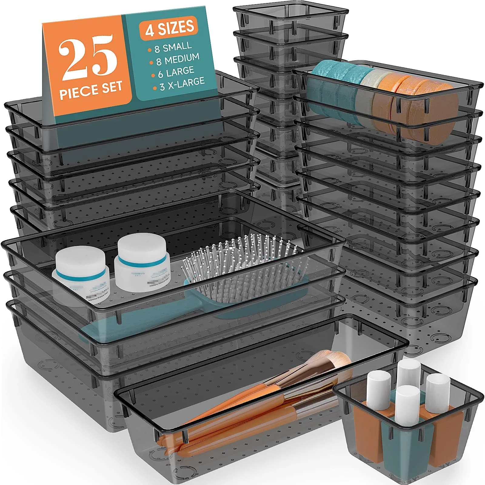 WOWBOX 25 PCS Plastic Drawer Organizer Set, Black | 4 Sizes for Makeup, Office Supplies, Crafts - main product image