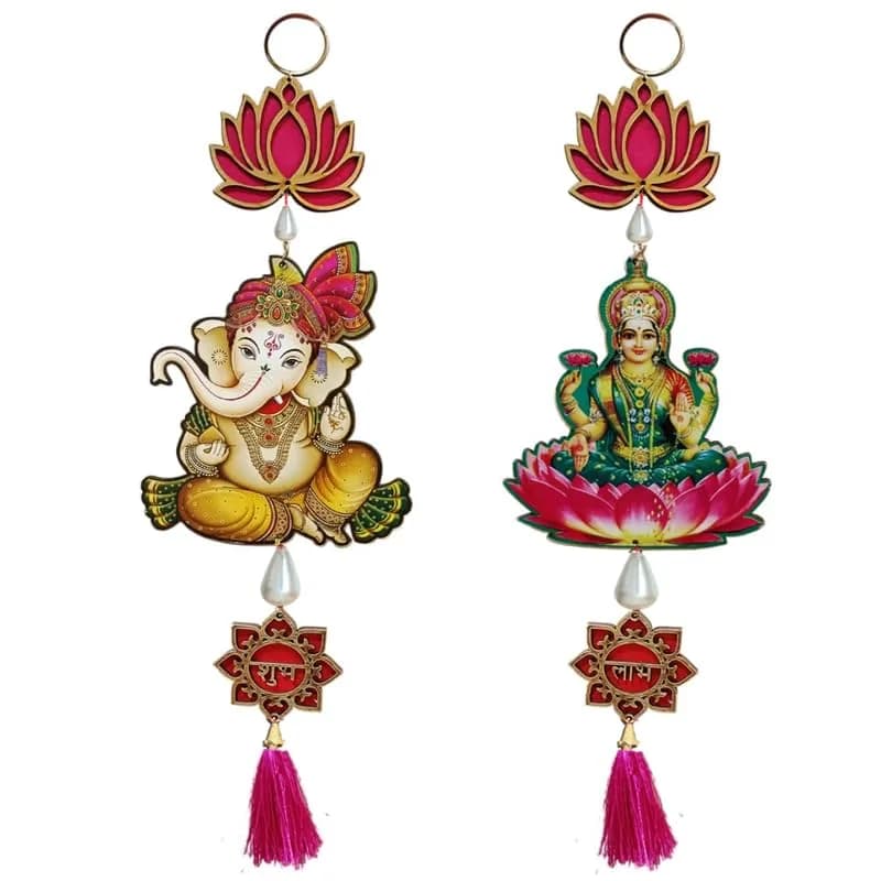 Divyakosh Handmade Shubh Labh Laxmi Ganesh Lotus Hangings | Temple & Festival Decor, 2 Pcs, Tan thumbnail 2