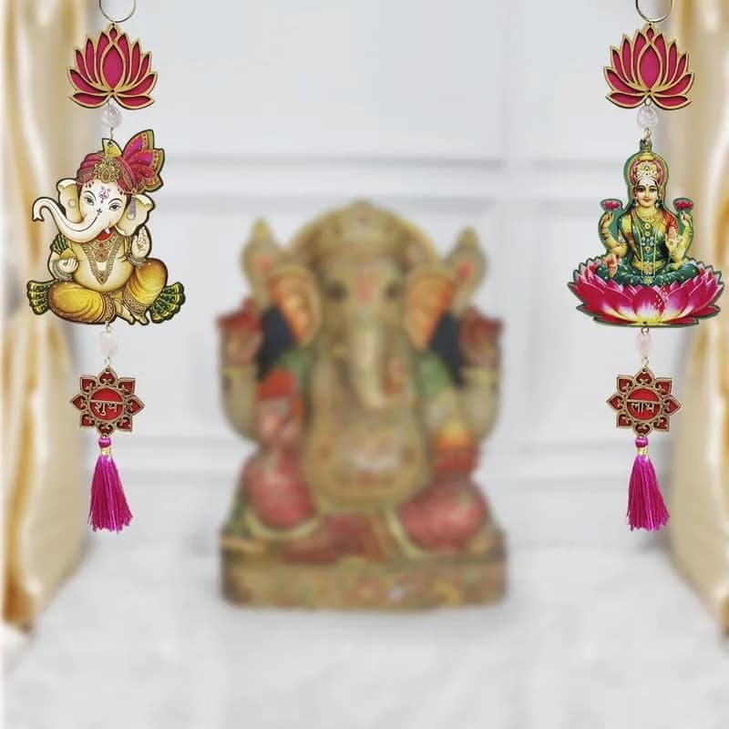 Divyakosh Handmade Shubh Labh Laxmi Ganesh Lotus Hangings | Temple & Festival Decor, 2 Pcs, Tan thumbnail 3