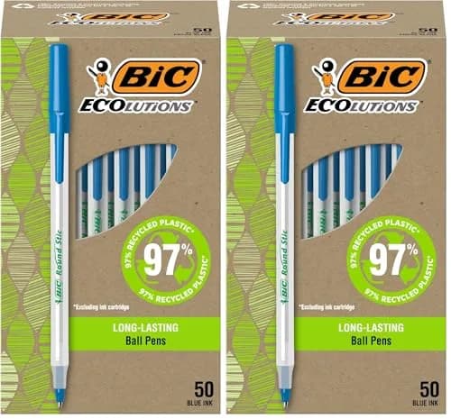 BIC Ecolutions Round Stic Ballpoint Pens, Medium Point 1.0mm, Blue Ink, 100 Count | Smooth Ink Flow for Daily Writing thumbnail 1