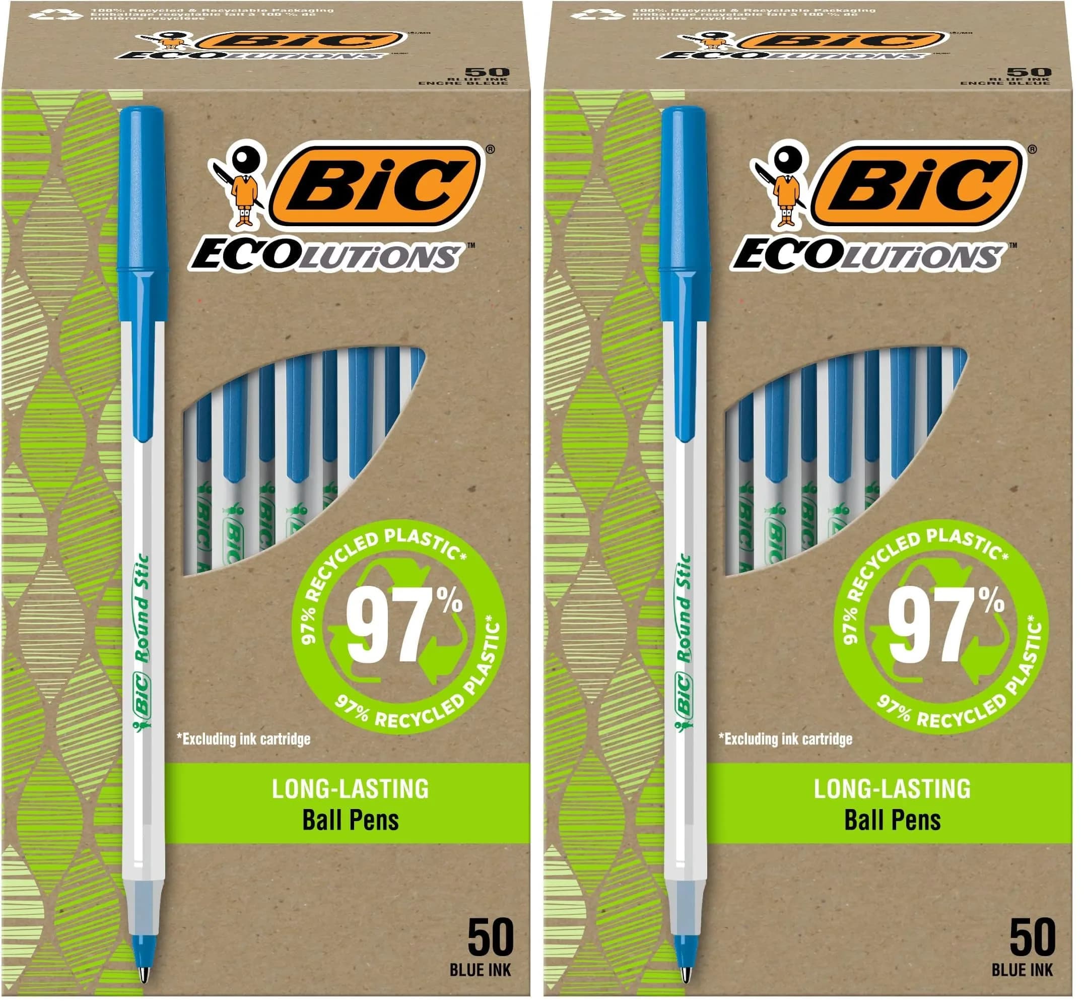 BIC Ecolutions Round Stic Ballpoint Pens, Medium Point (1.0mm), 50-Count Pack, Black Ink | Smooth Writing for Students & Office — Blue