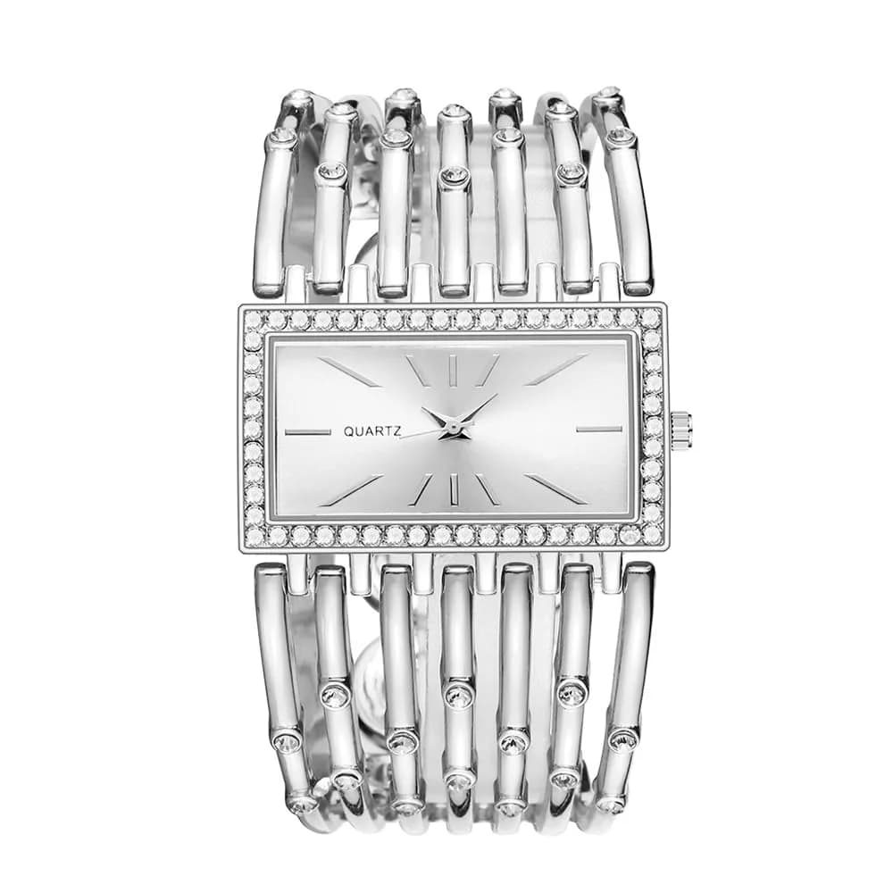 Dacdyi Silver Women's Quartz Watch | Elegant Crystal Accented Square Dial (7.68 inch, alloy) — Silver