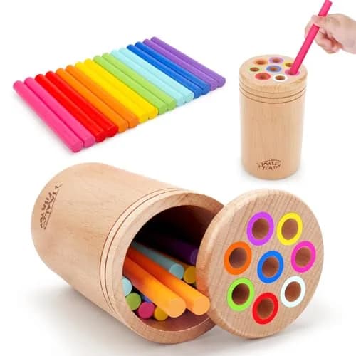 SMALL FISH Montessori Toys for Active Kids Wooden Fine Motor Learning Preschool Toys | Bright Color Sorting & Stacking thumbnail 1